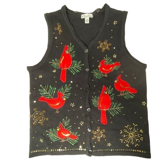 Kim Rogers Sweaters - Black Christmas Holiday Vest Womens PM Red Cardinals Button Beaded Embroidered